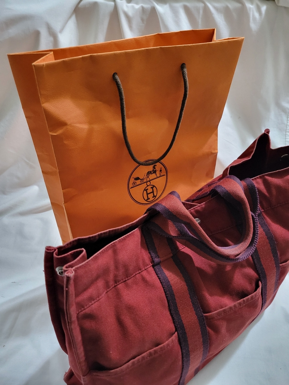 Hermes Red Canvas Tote Bag with Contrast Stripes. TOP HANDLE